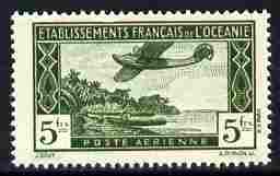 French Oceanic Settlements 1934 Flying boat 5f perforated proof in green similar to SG Type 17 but 5fr in tablet on both sides, without gum, stamps on aviation, stamps on flying boats