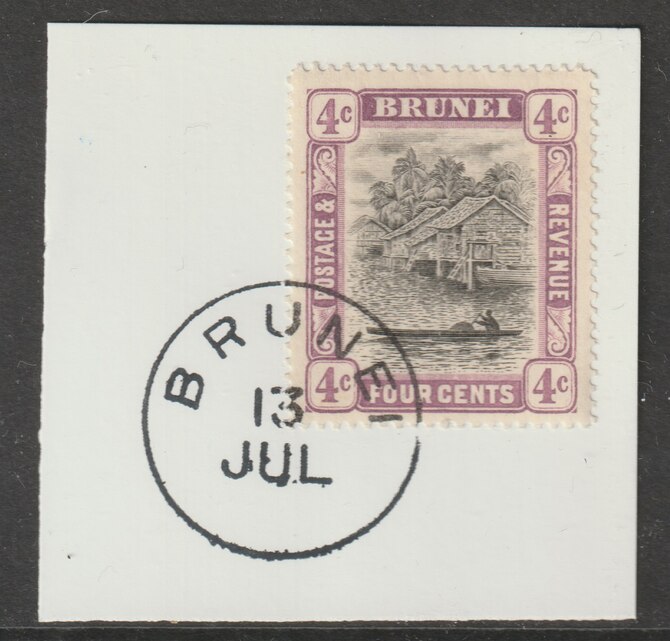 Brunei 1907 River Scene 4c grey-black & mauve (SG26) on piece with full strike of Madame Joseph forged postmark type 104, stamps on rivers