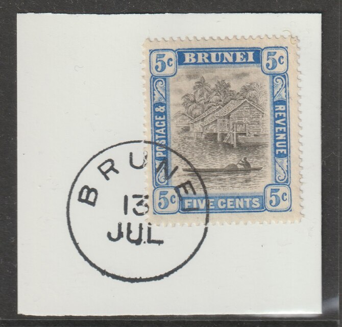 Brunei 1907 River Scene 5c grey-black & blue (SG27) on piece with full strike of Madame Joseph forged postmark type 104, stamps on rivers