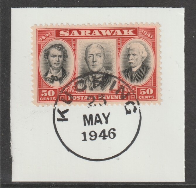 Sarawak 1946 Centenary 50c black & scarlet on piece cancelled with full strike of Madame Joseph forged postmark type 378, stamps on , stamps on  kg6 , stamps on forgeries