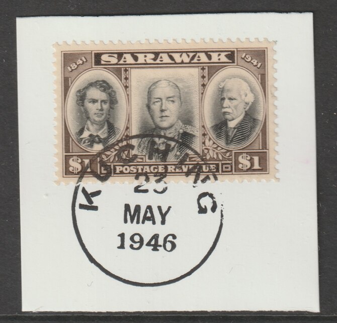 Sarawak 1946 Centenary $1 black & sepia on piece cancelled with full strike of Madame Joseph forged postmark type 378, stamps on , stamps on  kg6 , stamps on forgeries