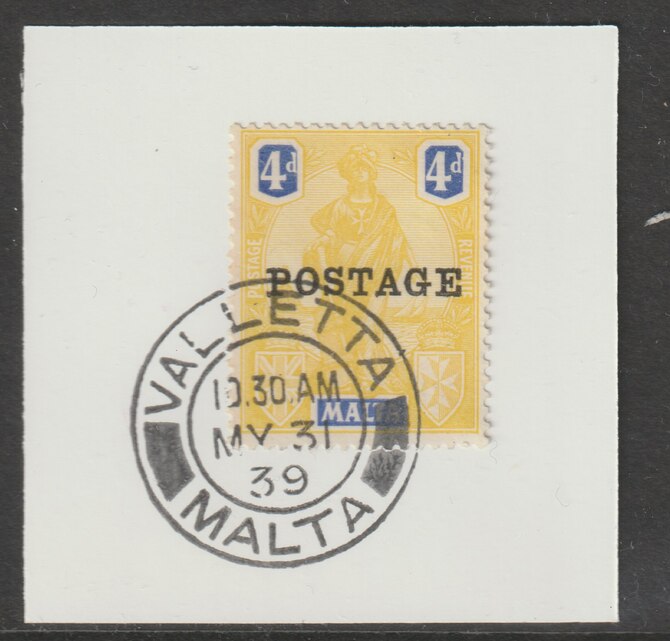 Malta 1926 POSTAGE overprint on 4d on piece with full strike of Madame Joseph forged postmark type 248, stamps on , stamps on  stamps on , stamps on  stamps on forgery, stamps on  stamps on forgeries, stamps on  stamps on  kg5 , stamps on  stamps on 