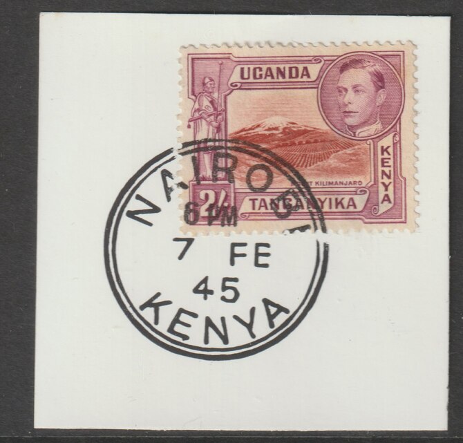 Kenya, Uganda & Tanganyika 1938 KG6 2s lake-brown & purple on piece cancelled with full strike of Madame Joseph forged postmark type 226, stamps on , stamps on  kg6 , stamps on forgeries