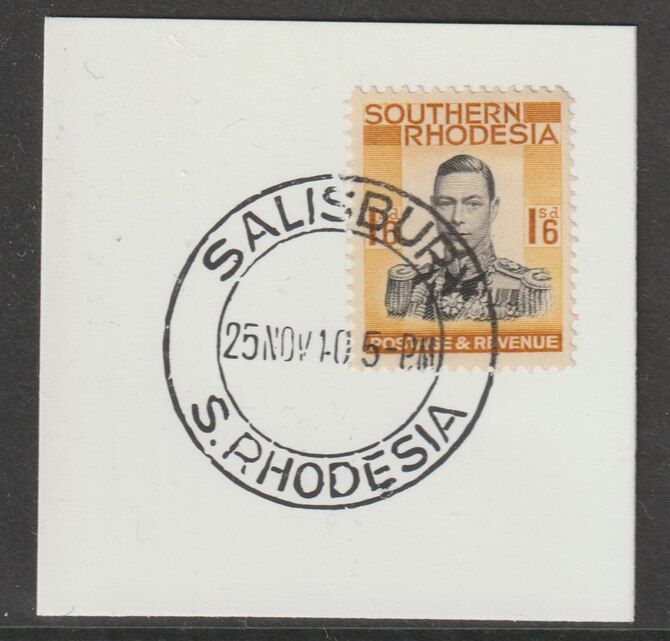 Southern Rhodesia 1937 KG6 def 1s6d black & orange-yellow on piece with full strike of Madame Joseph forged postmark type 332, stamps on , stamps on  kg6 , stamps on forgery, stamps on forgeries