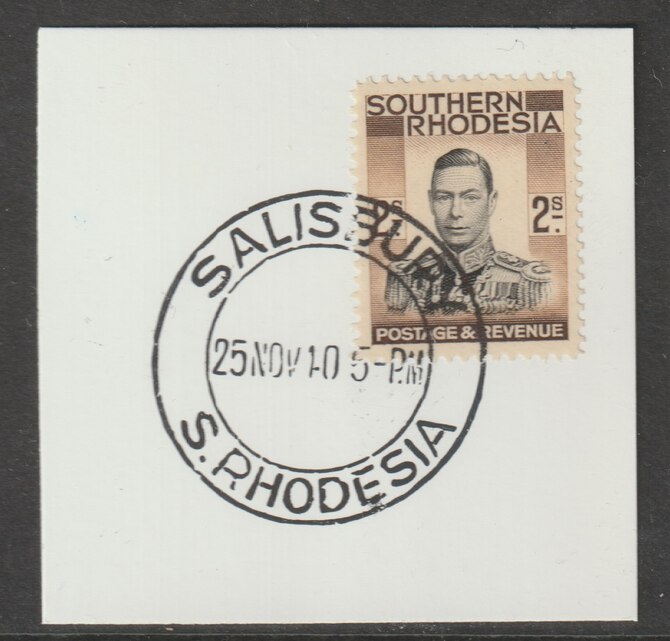 Southern Rhodesia 1937 KG6 def 2s black & brown on piece with full strike of Madame Joseph forged postmark type 332, stamps on , stamps on  kg6 , stamps on forgery, stamps on forgeries