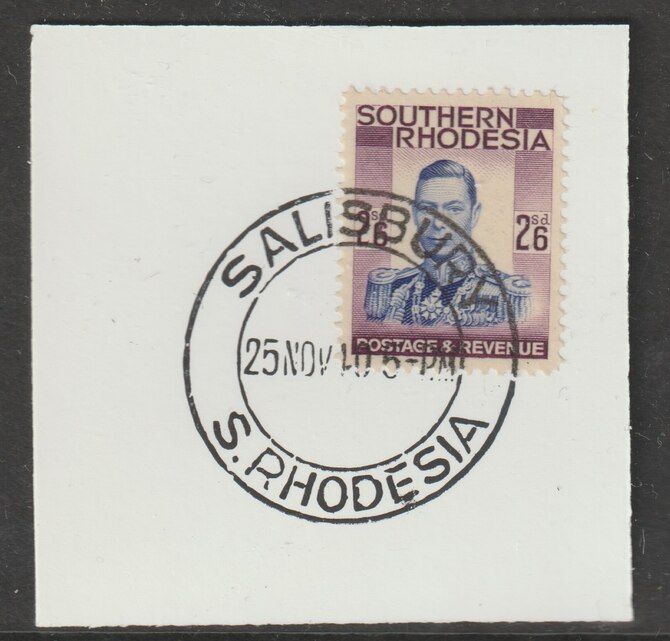 Southern Rhodesia 1937 KG6 def 2s6d ultramarine & purple on piece with full strike of Madame Joseph forged postmark type 332, stamps on , stamps on  kg6 , stamps on forgery, stamps on forgeries