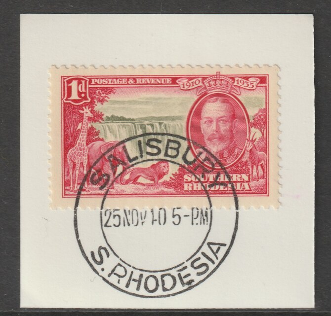 Southern Rhodesia 1935 Silver Jubilee 1d on  piece cancelled with full strike of Madame Joseph forged postmark type 332, stamps on silver jubilee , stamps on forgeries, stamps on railways, stamps on waterfalls