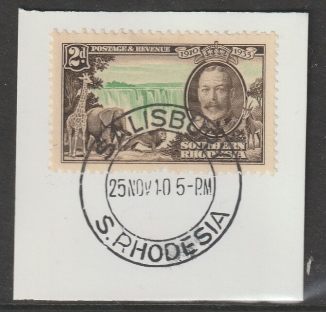 Southern Rhodesia 1935 Silver Jubilee 2d on  piece cancelled with full strike of Madame Joseph forged postmark type 332, stamps on , stamps on  stamps on silver jubilee , stamps on  stamps on forgeries, stamps on  stamps on railways, stamps on  stamps on waterfalls