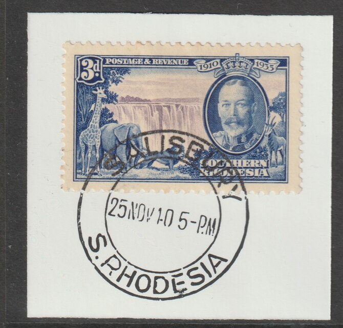 Southern Rhodesia 1935 Silver Jubilee 3d on  piece cancelled with full strike of Madame Joseph forged postmark type 332, stamps on , stamps on  stamps on silver jubilee , stamps on  stamps on forgeries, stamps on  stamps on railways, stamps on  stamps on waterfalls