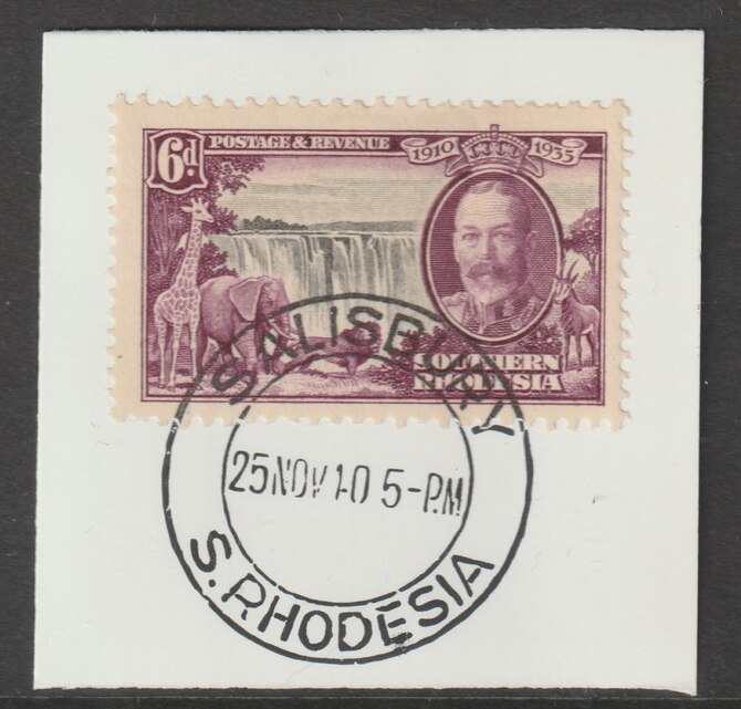 Southern Rhodesia 1935 Silver Jubilee 6d on  piece cancelled with full strike of Madame Joseph forged postmark type 332, stamps on , stamps on  stamps on silver jubilee , stamps on  stamps on forgeries, stamps on  stamps on railways, stamps on  stamps on waterfalls