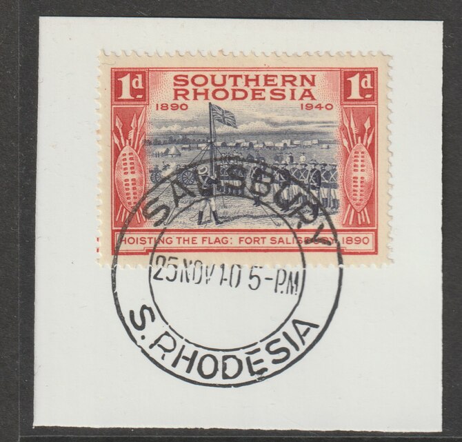 Southern Rhodesia 1940 Golden Jubilee South Africa Company 1d on piece with full strike of Madame Joseph forged postmark type 332, stamps on , stamps on  kg6 , stamps on forgery, stamps on forgeries