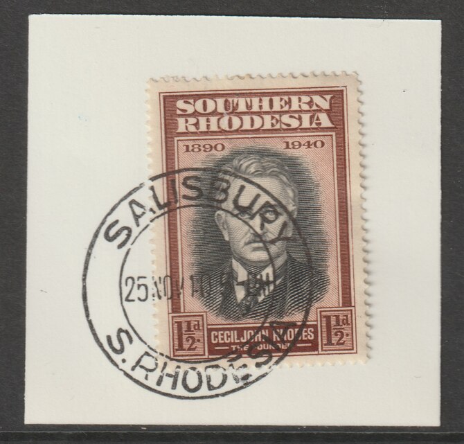 Southern Rhodesia 1940 Golden Jubilee South Africa Company 1.5d on piece with full strike of Madame Joseph forged postmark type 332, stamps on , stamps on  kg6 , stamps on forgery, stamps on forgeries