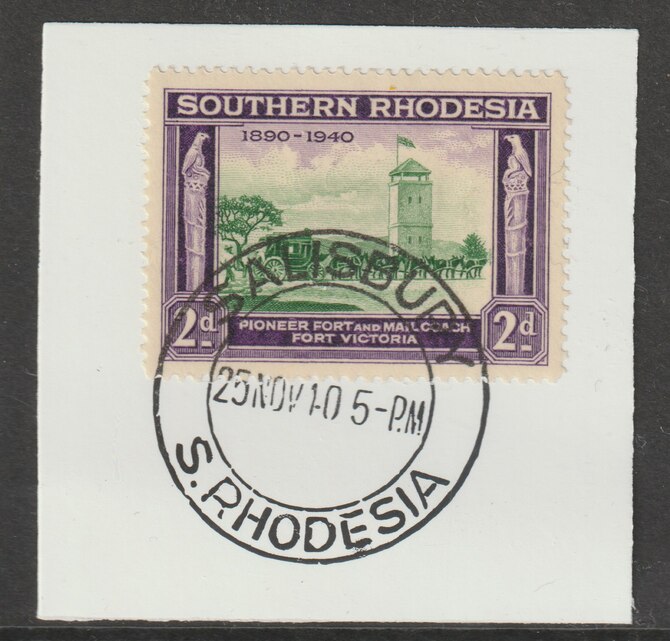 Southern Rhodesia 1940 Golden Jubilee South Africa Company 2d on piece with full strike of Madame Joseph forged postmark type 332, stamps on , stamps on  stamps on , stamps on  stamps on  kg6 , stamps on  stamps on forgery, stamps on  stamps on forgeries