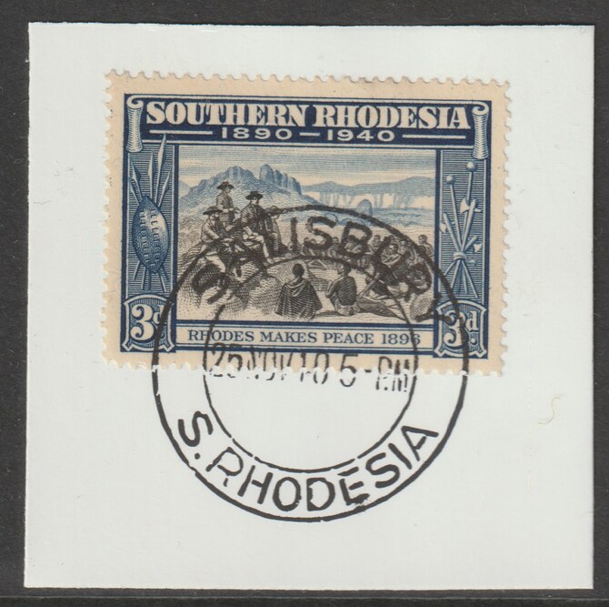 Southern Rhodesia 1940 Golden Jubilee South Africa Company 3d on piece with full strike of Madame Joseph forged postmark type 332, stamps on , stamps on  kg6 , stamps on forgery, stamps on forgeries