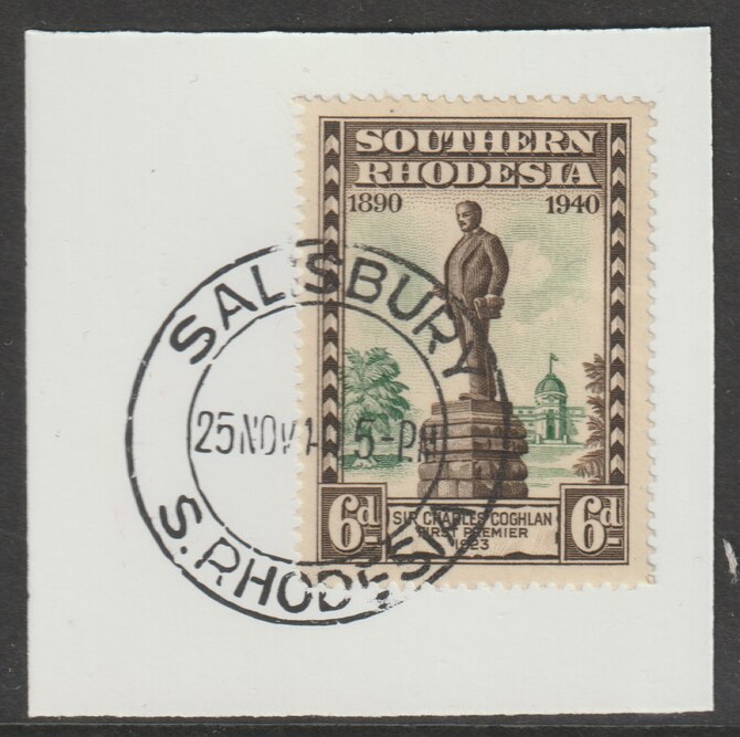 Southern Rhodesia 1940 Golden Jubilee South Africa Company 6d on piece with full strike of Madame Joseph forged postmark type 332, stamps on , stamps on  stamps on , stamps on  stamps on  kg6 , stamps on  stamps on forgery, stamps on  stamps on forgeries, stamps on  stamps on statues