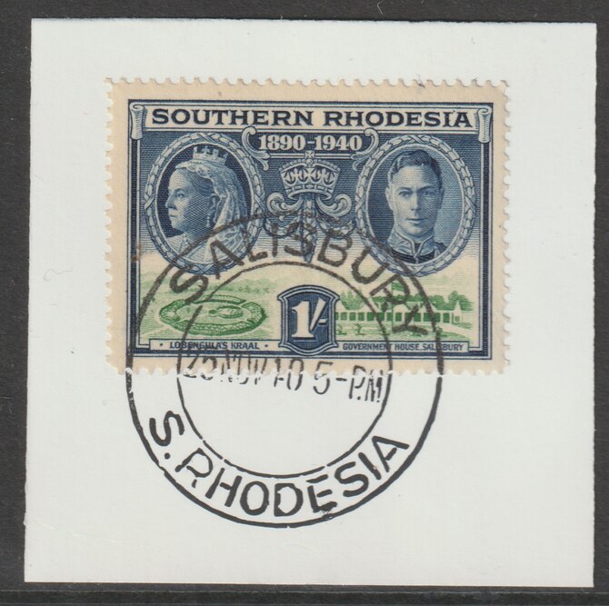 Southern Rhodesia 1940 Golden Jubilee South Africa Company 1s on piece with full strike of Madame Joseph forged postmark type 332, stamps on , stamps on  kg6 , stamps on forgery, stamps on forgeries, stamps on 