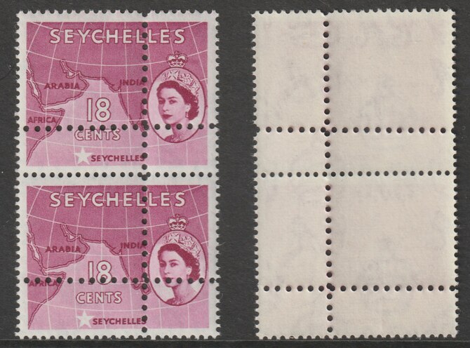 Seychelles  1954 QEII 18c Map of Indian Ocean vertical pair with perforations doubled (stamps are quartered) an attractive and interesting modern forgery, unmounted mint. Note: the stamps are genuine but the additional perfs are a slightly different gauge identifying it to be a forgery., stamps on forgery, stamps on maps