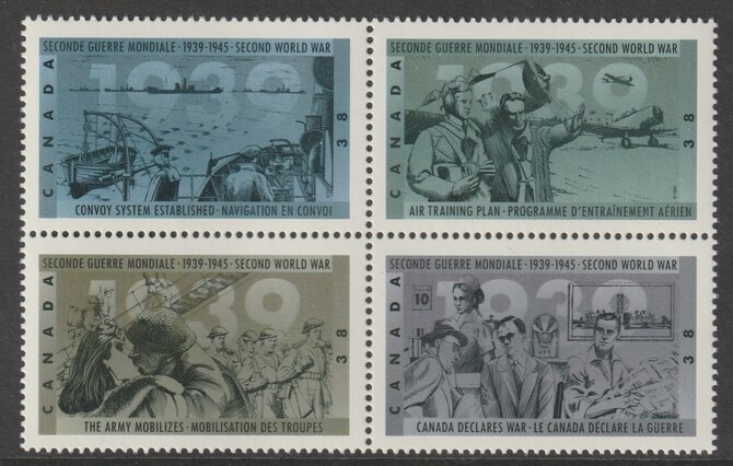 Canada 1989 50th Anniv of Outbreak of Second World War se-tenant block of 4 unmounted mint SG1346-49, stamps on ships, stamps on aviation, stamps on  ww2 , stamps on militaria