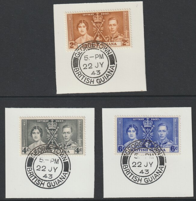 British Guiana 1937 KG6 Coronation set of 3 each on individual piece cancelled with full strike of Madame Joseph forged postmark type 64, stamps on , stamps on  kg5 , stamps on forgeries, stamps on coronation
