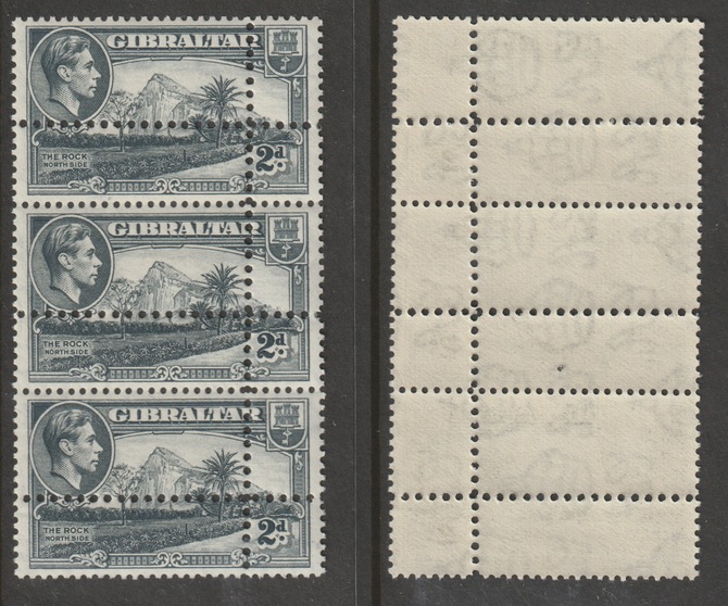Gibraltar 1938 KG6 2d grey P13 vert strip of three with perforations doubled (stamps are quartered) an attractive and interesting modern forgery, unmounted mint.,Note: the stamps are genuine but the additional perfs are a slightly different gauge identifying it to be a forgery., stamps on forgery, stamps on forgeries, stamps on  kg6 , stamps on 