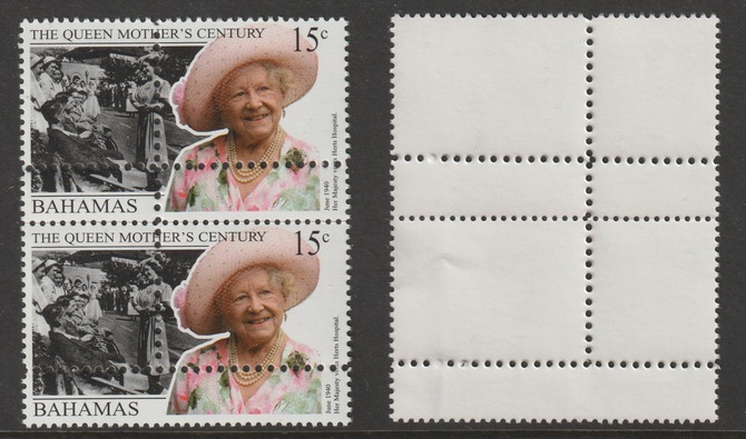 Bahamas 1999 Queen Mother's Century 15c vert pair with perforations doubled (stamps are quartered) an attractive and interesting modern forgery, unmounted mint.,Note: the stamps are genuine but the additional perfs are a slightly different gauge identifying it to be a forgery., stamps on forgery, stamps on forgeries, stamps on royalty, stamps on queen mother, stamps on 