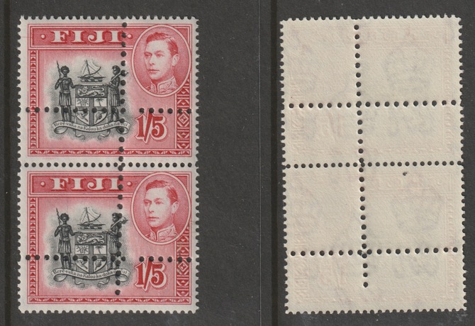 Fiji 1938  KG6 1s5d  black & carmine vert pair with perforations doubled (stamps are quartered) an attractive and interesting modern forgery, unmounted mint.,Note: the stamps are genuine but the additional perfs are a slightly different gauge identifying it to be a forgery., stamps on forgery, stamps on forgeries, stamps on  kg6 , stamps on 
