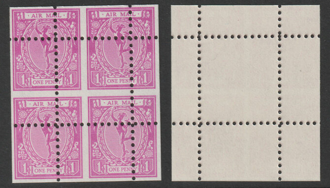 Cinderella - Great Britain 1974 1d Mercury Air Mail essay in pink, unmounted mint block of 4 with misplaced perforations (stamps are quartered) interesting forgery, stamps on aviation, stamps on , stamps on cinderella, stamps on , stamps on mythology, stamps on children