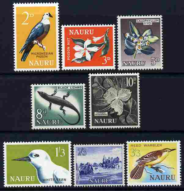 Nauru 1963-65 definitive set of 8 values complete unmounted mint SG 57-64, stamps on , stamps on  stamps on birds, stamps on  stamps on lizards, stamps on  stamps on reptiles, stamps on  stamps on flowers