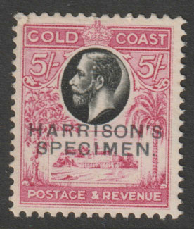 Gold Coast 1928 Christiansborg Castle 5s perforated Printer's Sample Proof in black & Rose-carmine overprinted Harrison's SPECIMEN  part original gum, stamps on castles
