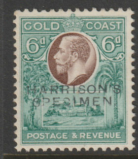 Gold Coast 1928 Christiansborg Castle 6d perforated Printer's Sample Proof in chocolate & blue-green overprinted Harrison's SPECIMEN  part original gum, stamps on castles