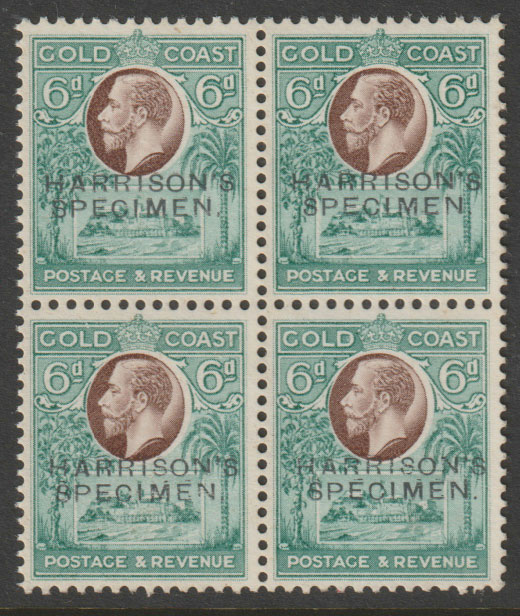 Gold Coast 1928 Christiansborg Castle 6d perforated Printers Sample Proof block of 4 in chocolate & blue-green overprinted Harrisons SPECIMEN  part original gum, stamps on castles