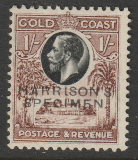 Gold Coast 1928 Christiansborg Castle 1s perforated Printers Sample Proof in black & chocolate overprinted Harrisons SPECIMEN  part original gum, stamps on castles