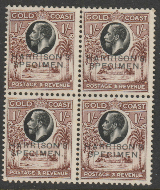 Gold Coast 1928 Christiansborg Castle 1s perforated Printers Sample Proof block of 4 in black & chocolate overprinted Harrisons SPECIMEN  part original gum, stamps on castles