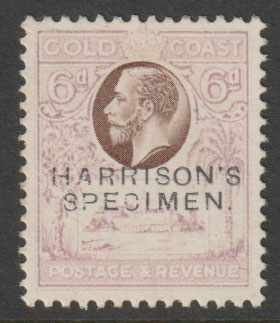 Gold Coast 1928 Christiansborg Castle 6d perforated Printers Sample Proof in chocolate & violet overprinted Harrisons SPECIMEN  part original gum and slightly faded, stamps on castles