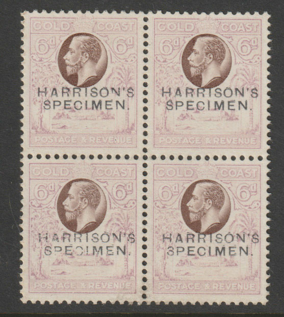 Gold Coast 1928 Christiansborg Castle 6d perforated Printer's Sample Proof block of 4 in chocolate & violet overprinted Harrison's SPECIMEN  part original gum and slightly faded, stamps on castles