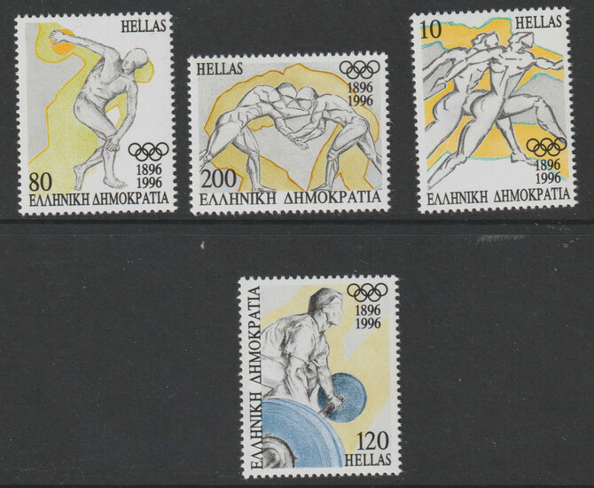 Greece 1996 Centenary of Modern Olympics perf set of 4 unmounted mint SG 1998-2001, stamps on olympics, stamps on running, stamps on discus, stamps on weights, stamps on wrestling
