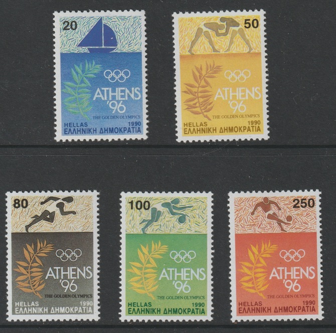 Greece 1990 Centenary of Modern Olympics perf set of 5 unmounted mint SG 1863-67, stamps on olympics, stamps on running, stamps on wrestling, stamps on handball, stamps on football, stamps on yachting