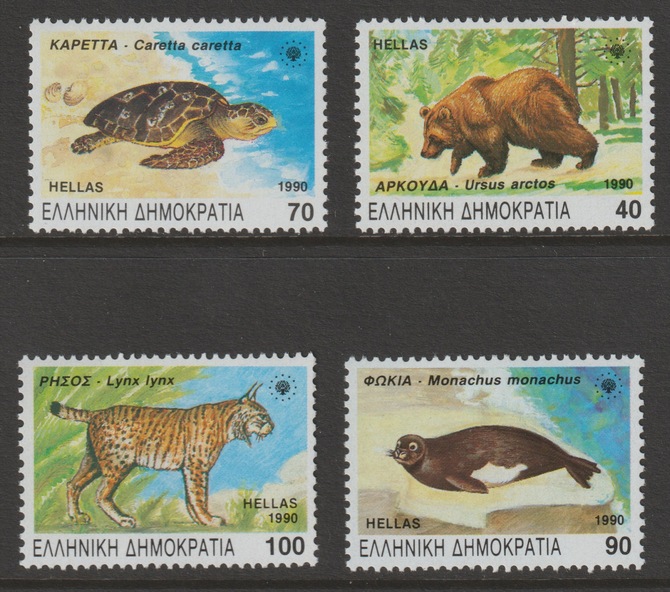Greece 1990 Endangered Animals perf set of 4 unmounted mint SG 1837-40, stamps on animals, stamps on bear, stamps on turtles, stamps on seals, stamps on lynx