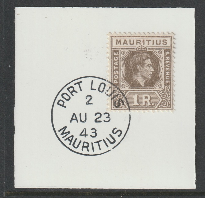 Mauritius 1938 KG6 1r grey-brown on piece cancelled with full strike of Madame Joseph forged postmark type 255, stamps on , stamps on  kg6 , stamps on forgeries
