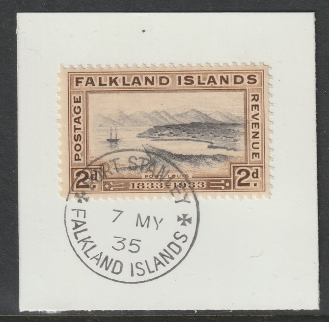 Falkland Islands 1933 Centenary 2d on piece with full strike of Madame Joseph forged postmark type 155 , stamps on , stamps on  kg5 , stamps on  , stamps on forgery
