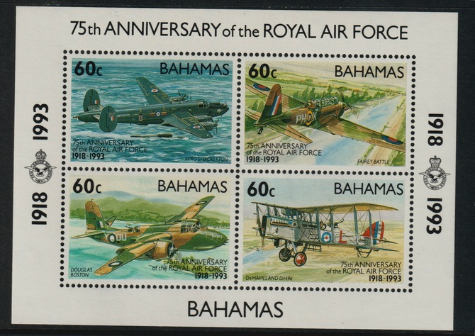 Bahamas 1993 75th Anniversary of Royal Air Force perf m/sheet containing 4 values unmounted mint SG MS961, stamps on aviation, stamps on , stamps on  ww2 , stamps on , stamps on  raf , stamps on comet, stamps on shackleton, stamps on fairey, stamps on douglas, stamps on  dh , stamps on 