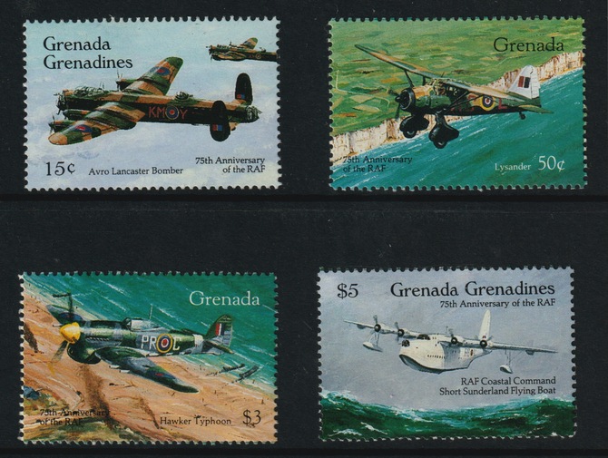 Grenada - Grenadines 1993 75th Anniversary of Royal Air Force perf set of 4 values unmounted mint between SG 1726 & 1731, stamps on aviation, stamps on , stamps on  ww2 , stamps on , stamps on  raf , stamps on short, stamps on sunderland, stamps on flying boat, stamps on lancaster, stamps on typhoon, stamps on lysander