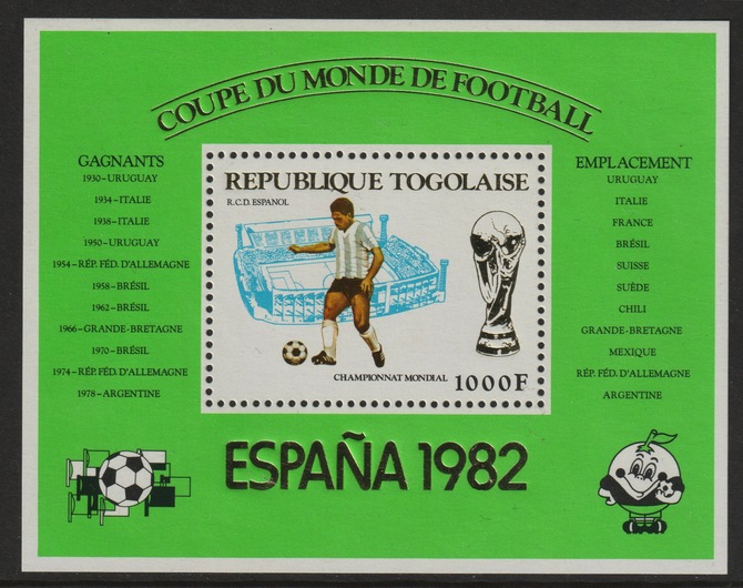 Togo 1982 World Cup Football (Spain) perf m/sheet unmounted mint, SG MS1590, stamps on football