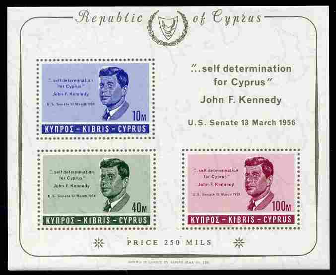 Cyprus 1963 President Kennedy Commemoration imperf m/sheet unmounted mint SG MS258a, stamps on personalities, stamps on kennedy, stamps on americana, stamps on usa presidents