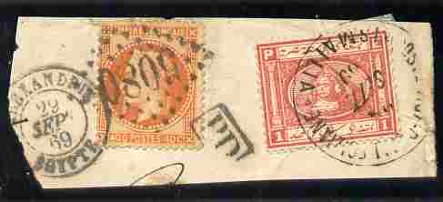 Egypt - French PO's 1869 piece bearing fine mixed franking 40c France tied by 5080 diamond of dots plus Egyptian 1pi tied Ismalia cds, stamps on , stamps on  stamps on egypt - french po's 1869 piece bearing fine mixed franking 40c france tied by 5080 diamond of dots plus egyptian 1pi tied ismalia cds