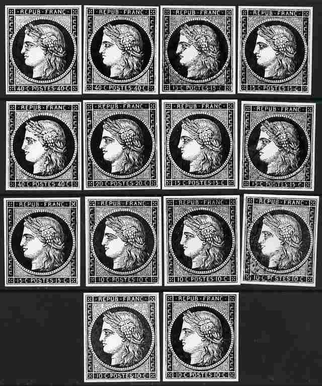France 1849 Ceres - fourteen Photographic prints from Speratis own negatives of values 10c to 40c enlarged twice linear, all with special BPA h/stamp on back, a superb re..., stamps on xxx