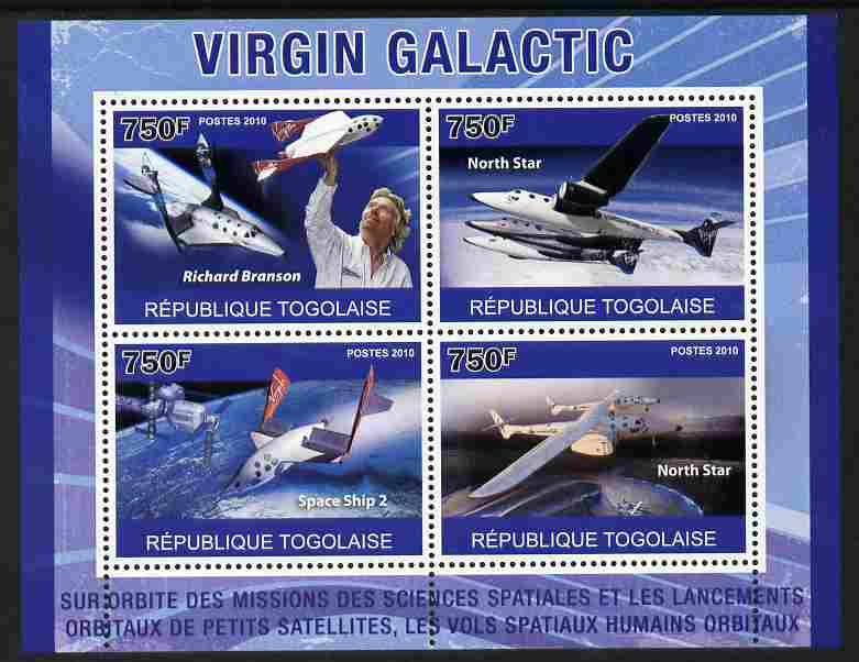 Togo 2010 Virgin Galactic perf sheetlet containing 4 values unmounted mint , stamps on transport, stamps on aviation, stamps on space, stamps on 