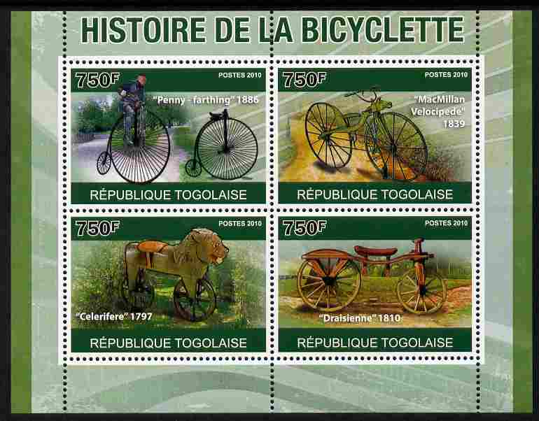 Togo 2010 History of the Bicycle perf sheetlet containing 4 values unmounted mint , stamps on transport, stamps on bicycles