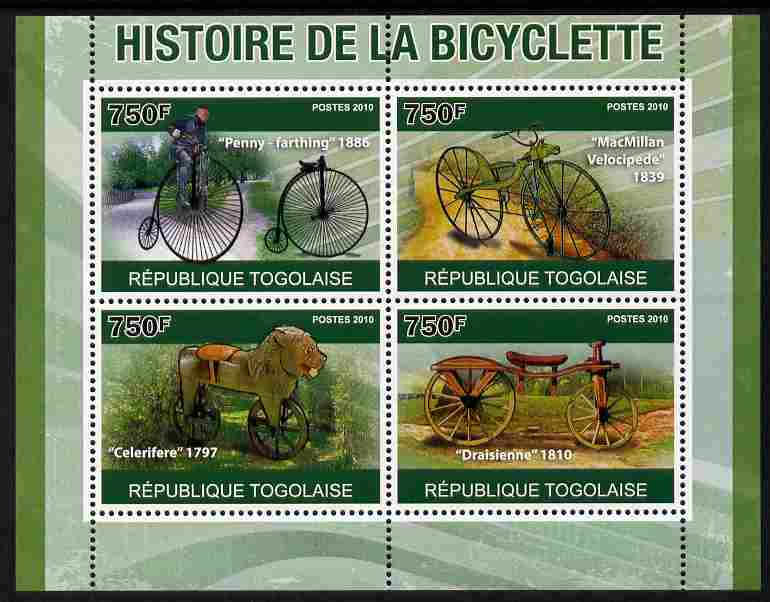 Togo 2010 History of the Bicycle perf sheetlet containing 4 values unmounted mint , stamps on , stamps on  stamps on transport, stamps on  stamps on bicycles