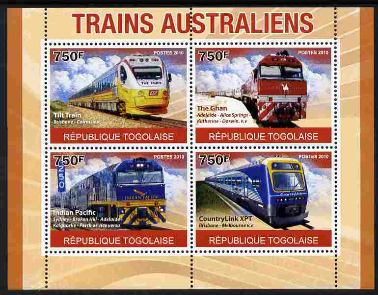 Togo 2010 Australian Trains perf sheetlet containing 4 values unmounted mint , stamps on , stamps on  stamps on transport, stamps on  stamps on railways